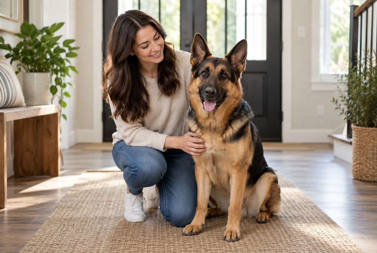 Owner sitting beside a German-shepherd-type dog indoors